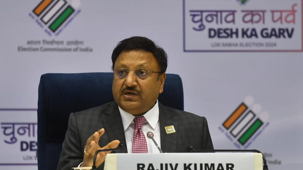 Chief Election Commissioner (CEC) Rajiv Kumar during the announcement of the Lok Sabha and Assembly election schedule, in New Delhi